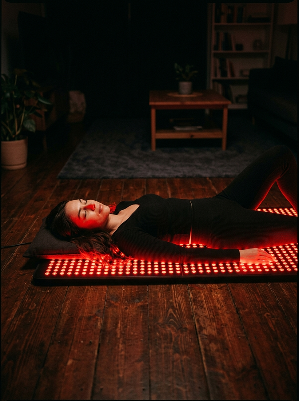 Woman on NEXORA red light mat, dark living room, red glow