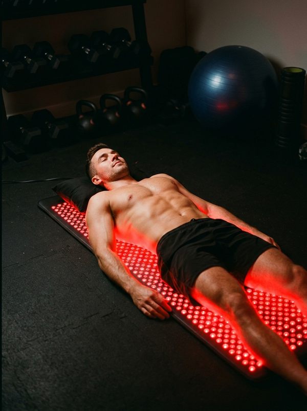 Man on NEXORA red light mat, dark home gym