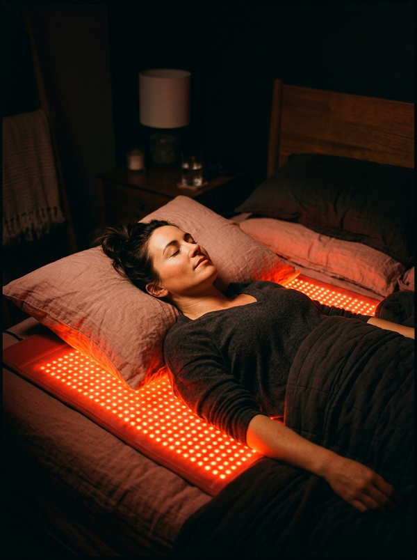 Person on NEXORA red light mat, dark bedroom at night