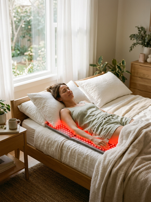 Woman relaxing on NEXORA mat, bright sunlit bedroom