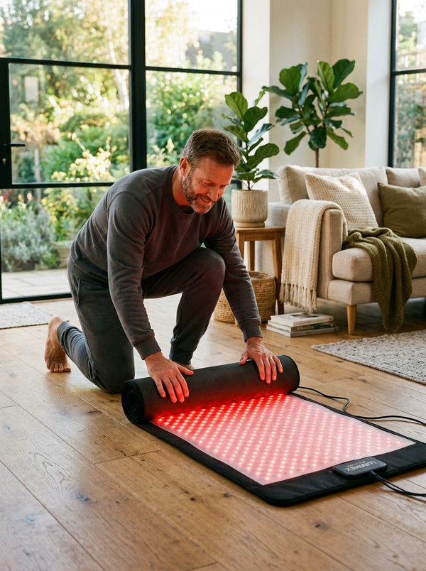 Man unrolling NEXORA mat in sunlit living room