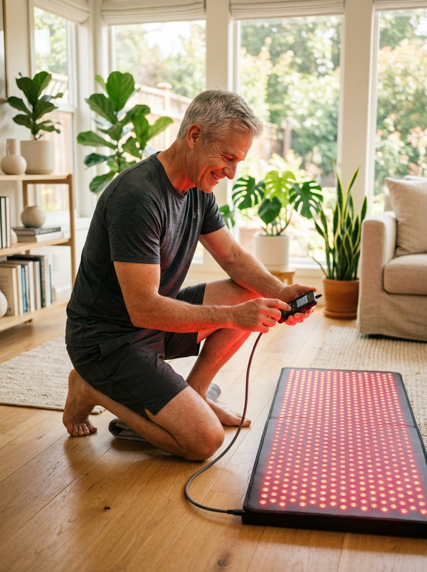 Active older man beside NEXORA mat, bright airy home